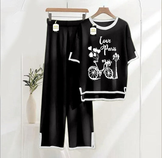 Black printed Turkish summer co-ord set for women, stylish loungewear night wear by Three Queen, featuring comfortable fabric and trendy design.