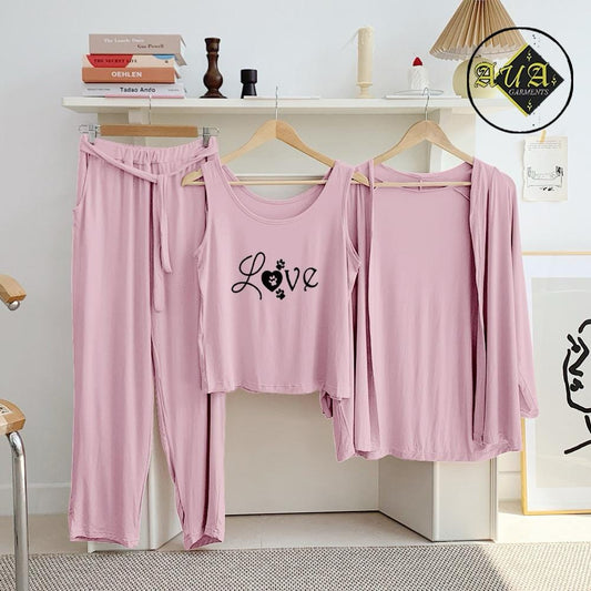 Pink three-piece lounge wear nightwear set for women by Three Queen, featuring a comfortable top and matching pants.