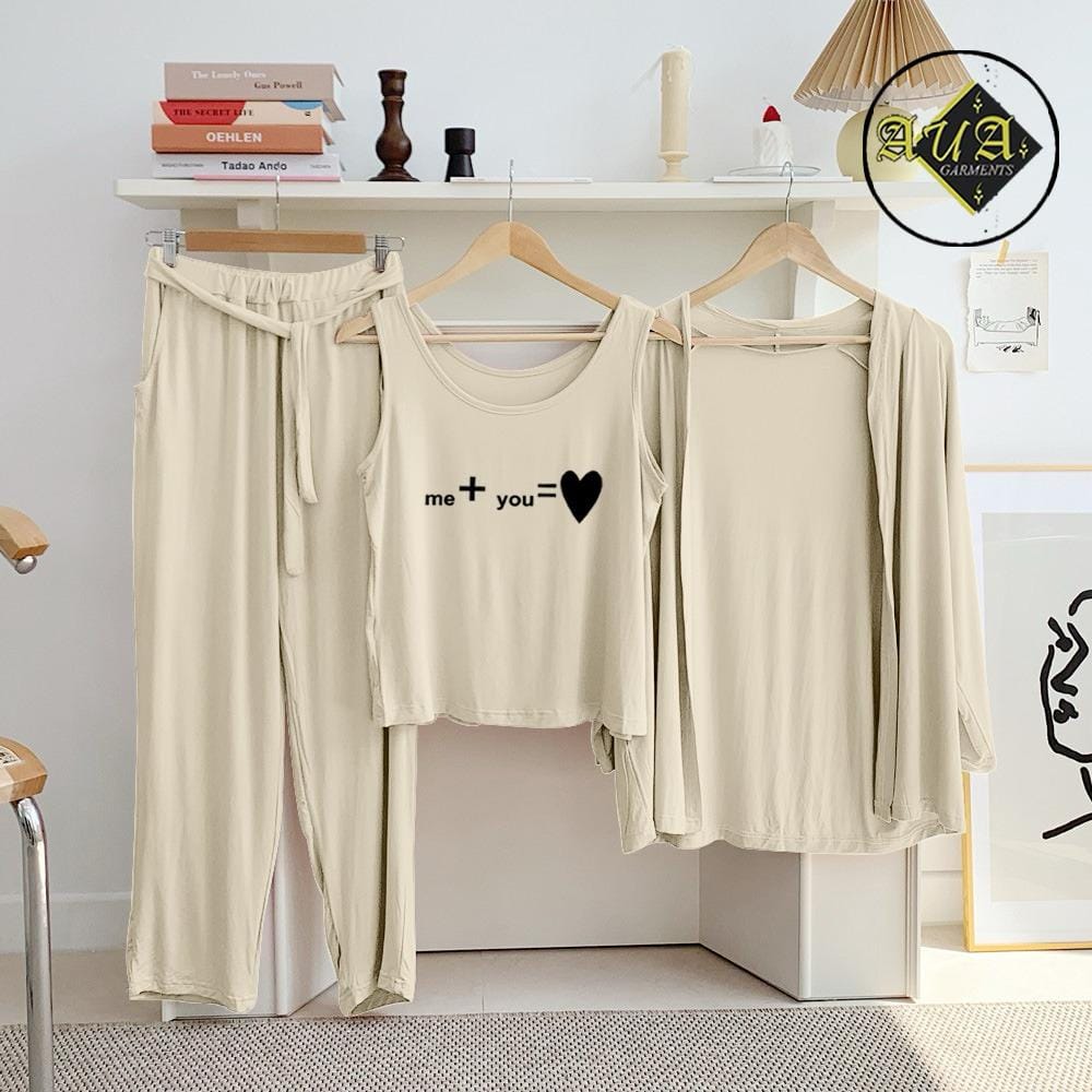Three Queen beige 3-piece women's lounge wear set, comfortable nightwear and sleepwear for relaxed evenings.