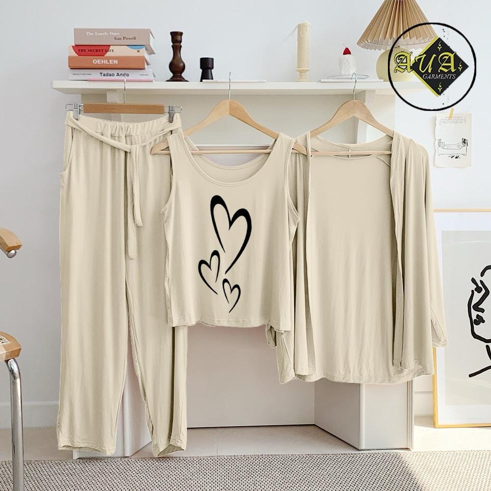 Three Queen beige 3-piece women's lounge wear and sleepwear set with comfortable fabric, perfect for relaxing nights.
