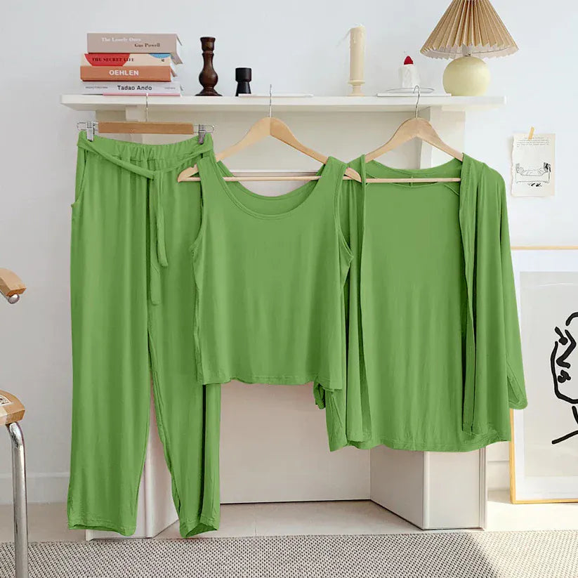 Sea green three-piece women's lounge wear nightwear set by Three Queen, featuring comfortable sleepwear for relaxing nights.
