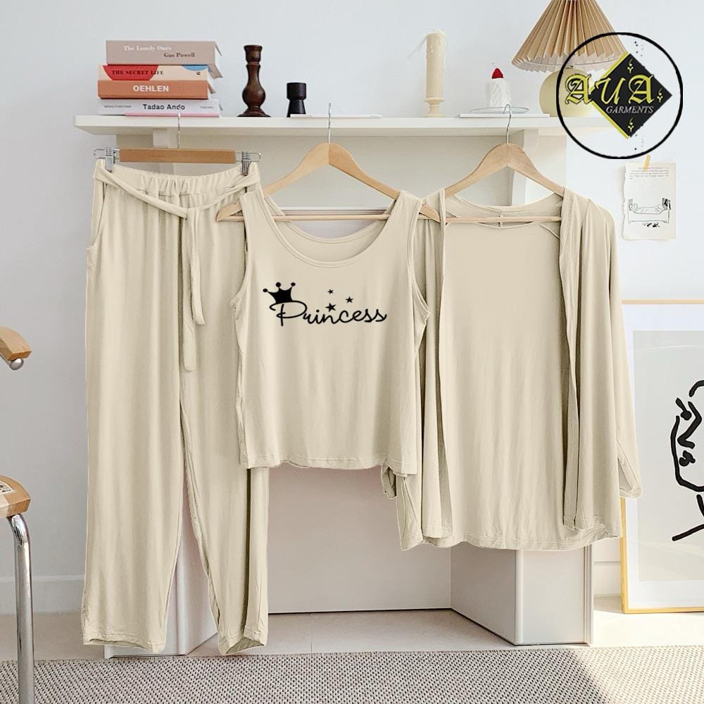 Three Queen beige 3-piece women's lounge and sleepwear set, comfortable nightwear with relaxed fit and soft fabric.