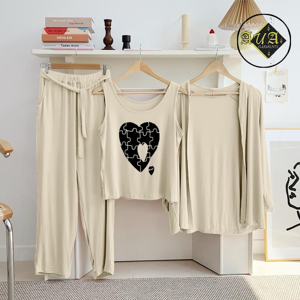 Three Queen beige 3-piece women's lounge and sleepwear set, comfortable nightwear for relaxing at home.