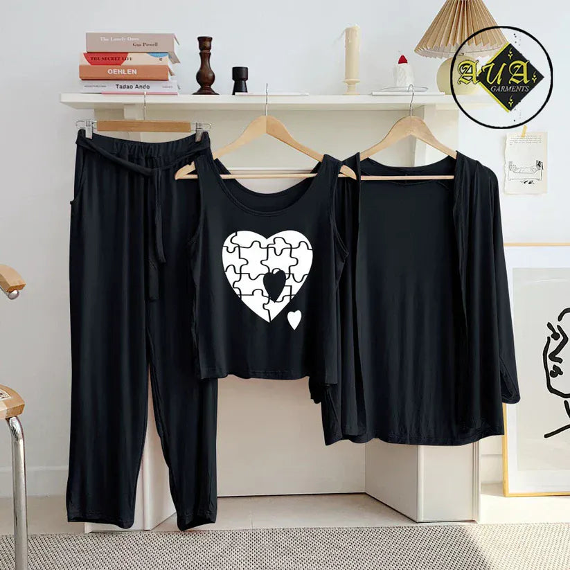 Black three-piece women's lounge and sleepwear set by Three Queen featuring a comfortable nightwear design.