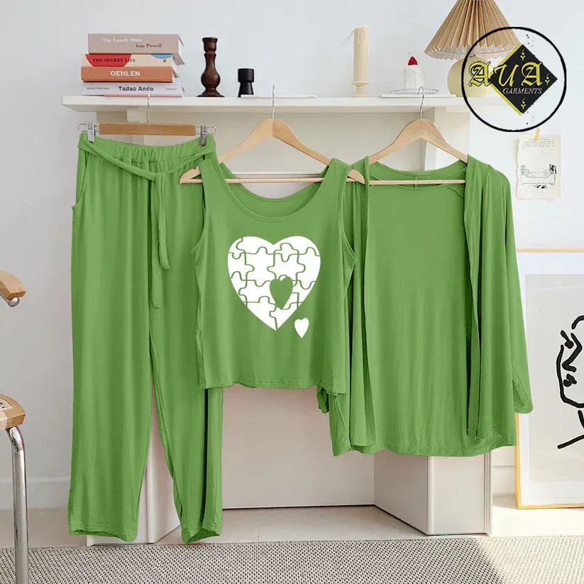 Sea green three-piece women's lounge wear nightwear set by Three Queen, soft fabric, comfortable fit, ideal for sleep and relaxation.