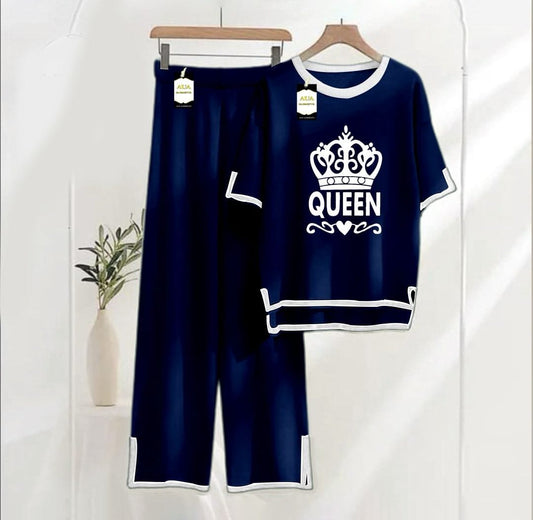 Navy printed Turkish winter co-ord set for women, warm and stylish nightwear with a comfortable top and matching pants by Three Queen.