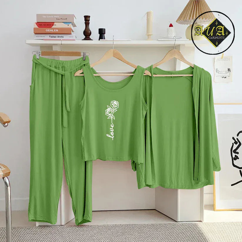 Sea green three-piece women's lounge and sleepwear set by Three Queen, featuring comfortable nightwear for relaxed nights.
