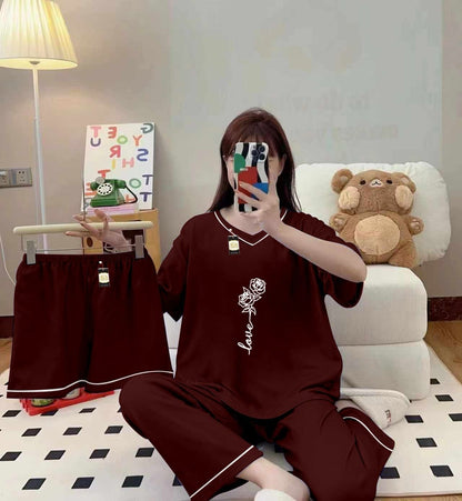 Three Queen maroon 3-piece cami nightwear set for women with elegant white border details, comfortable and stylish sleepwear.