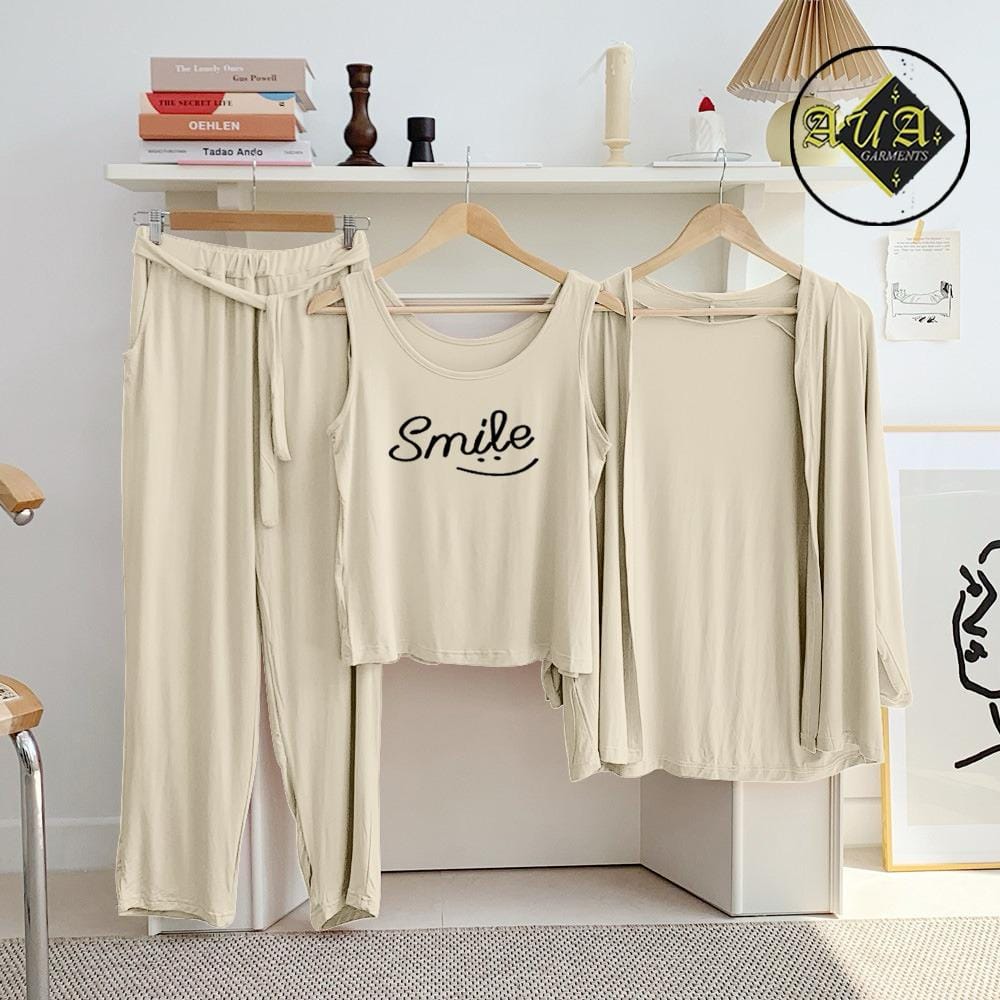 Three Queen beige 3-piece women's lounge wear set with comfortable sleepwear for relaxing nights.