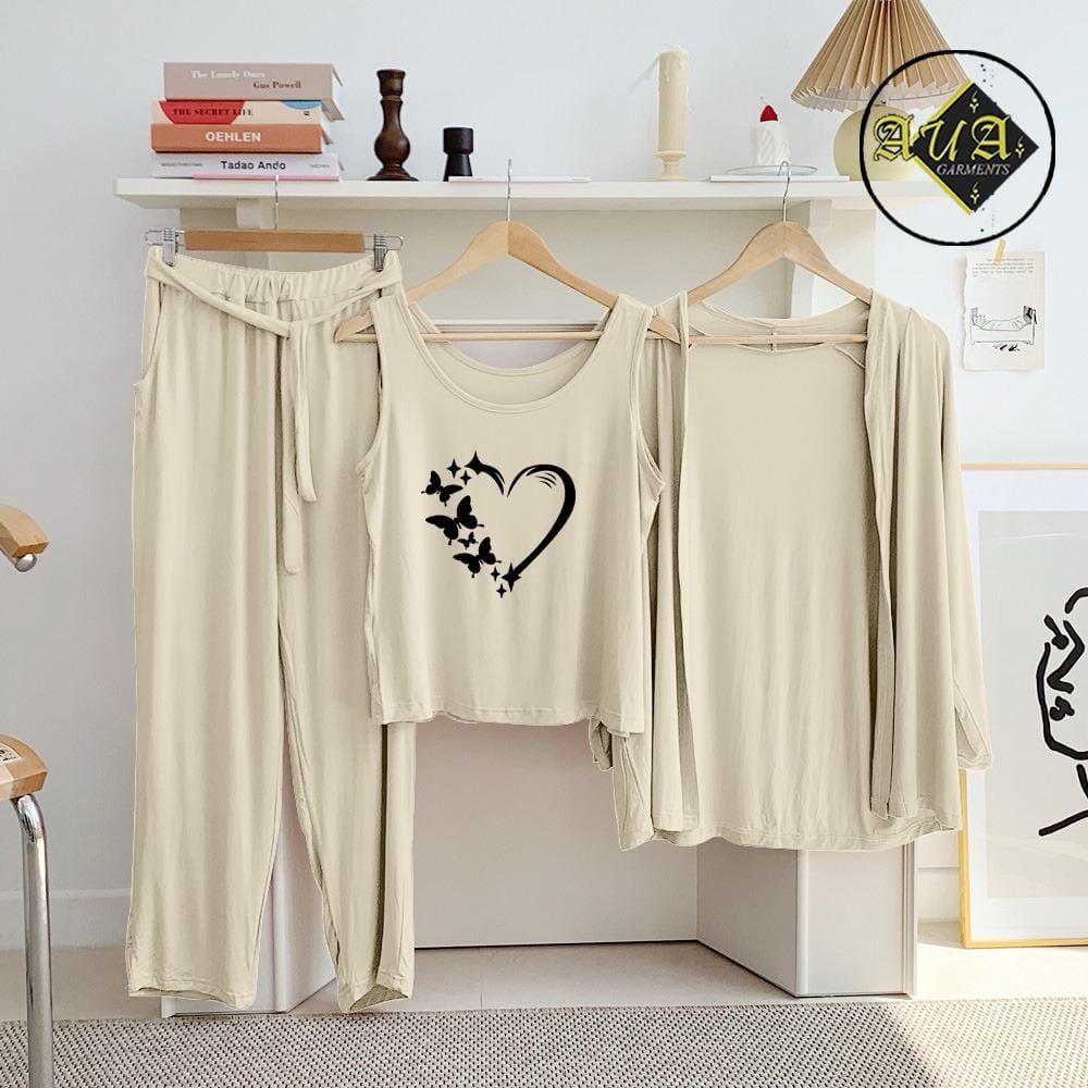 Three Queen beige 3-piece women's lounge wear set, comfortable nightwear and sleepwear for relaxing evenings.