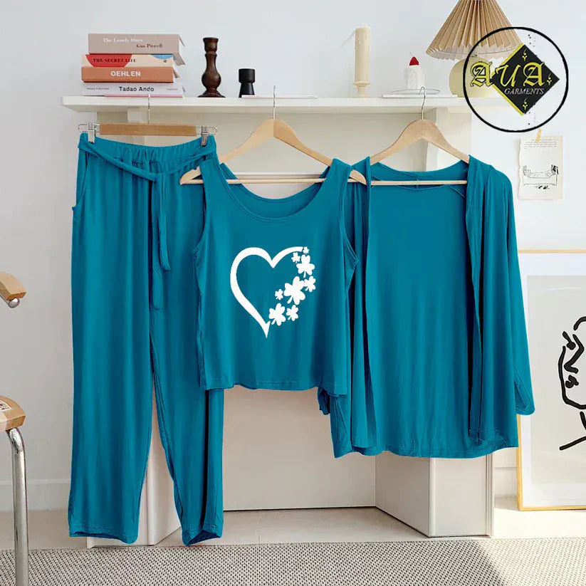 Aqua blue three-piece women's lounge and sleepwear set by Three Queen, featuring comfortable nightwear for relaxing nights.