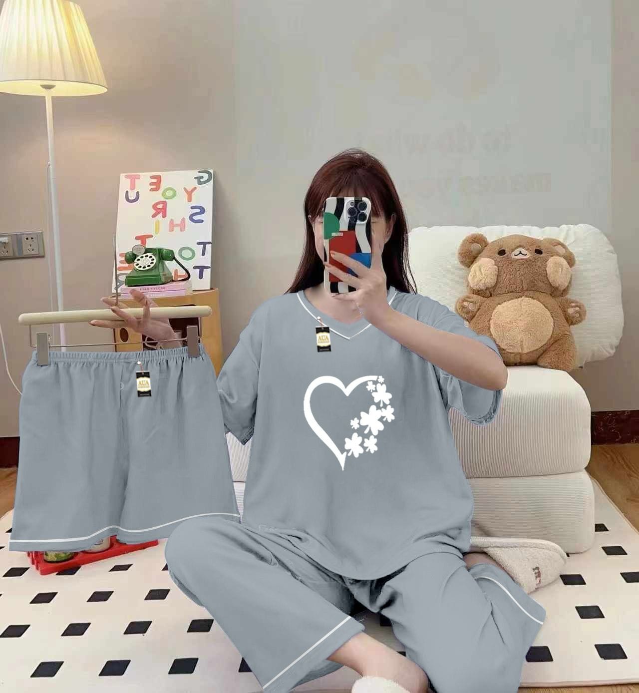 Three Queen women's 3-piece cami nightwear set in grey with elegant white borders, featuring comfortable, stylish sleepwear.