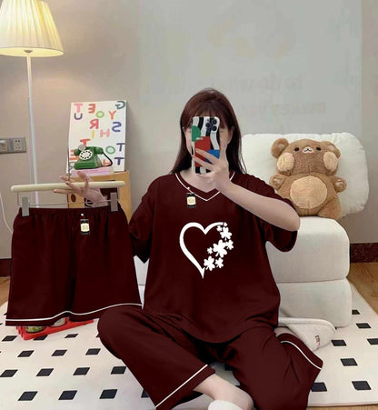 Three Queen maroon 3-piece cami nightwear set for women with elegant white borders, comfortable and stylish sleepwear.