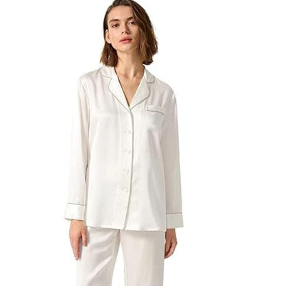 Three Queen viscose silk trouser shirt displayed on a hanger, showcasing lightweight fabric and stylish, comfortable design.